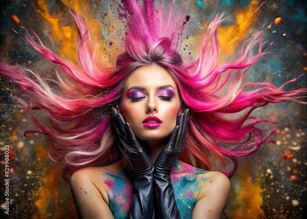 A creative banner for a beauty salon or barbershop. Fashionable professional hair coloring. A beautiful woman with long pink hair. An explosion of colors on the head.