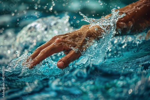 Detailed View of a Swimmer's Hand During Freestyle Stroke Showing Water Dynamics for Athlete Training