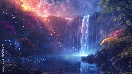 A photo of a celestial waterfall with shimmering water  a mystical forest with luminescent plants and a starlit sky