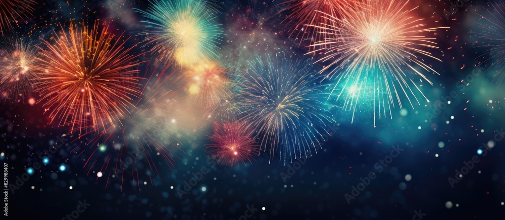 Naklejka premium Abstract holiday background with fireworks at New Year and space for text or images. with copy space image. Place for adding text or design