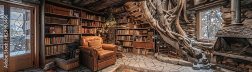 Cozy rustic library with a large armchair  surrounded by bookshelves and trees intertwined inside. A perfect reading nook.