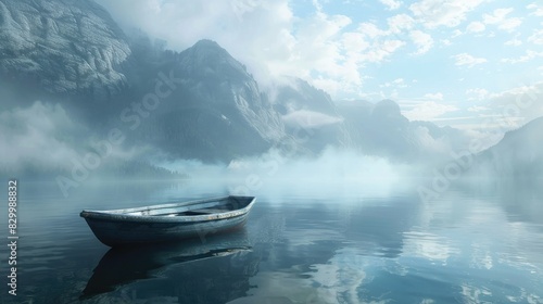 Misty Lake Landscape with Boat and Mountains.