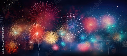 A firework display at night creates an abstract background with ample space for adding text or other elements