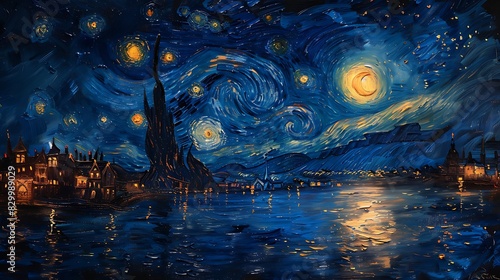 Starry Night is an oil painting on canvas in the style of Van Gogh photo