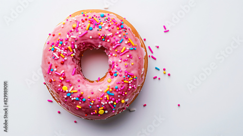 Pink frosted donut with colorful sprinkles.