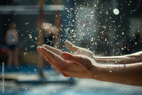 Gymnast Preparing for Routine with Chalk-Dusted Hands in High-Resolution Photo