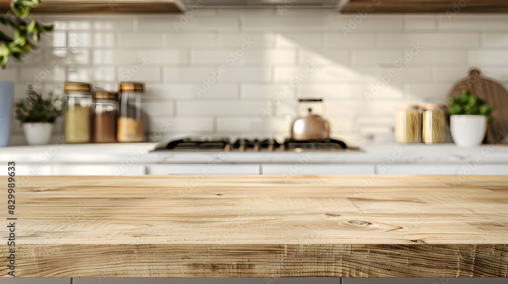 Empty wooden tabletop on blurred rustic kitchen background for mockups. Natural day light. Promotion background. Empty wooden tabletop on blurred rustic kitchen background for mockups. Natural day light. Promotion background.
