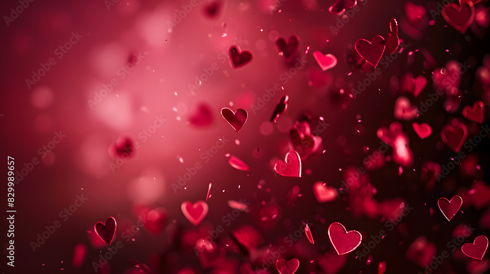 pink paper hearts flying shining against dark red background. Generative AI. pink paper hearts flying shining against dark red background. Generative AI.