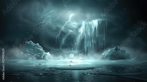 Wallpaper Mural Mysterious icy landscape with dramatic waterfall and lightning, atmospheric and surreal nature scenery in dark, moody tones. Torontodigital.ca