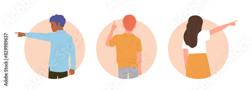 Isolated flat round composition set with diverse children cartoon characters pointing finger