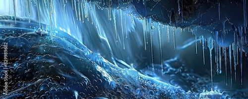 Abstract depiction of a frozen, icy landscape with shimmering, blue icicles in a cavernous setting, capturing the essence of winter's beauty. photo