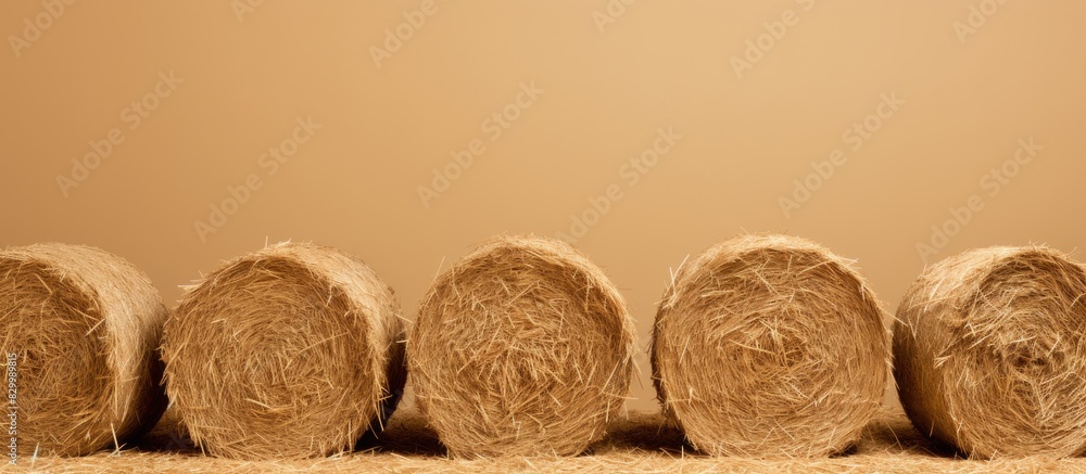 Hay sheaves rolled into round shapes against a plain background providing ample space for text Hay sheaves rolled into round shapes against a plain background providing ample space for text