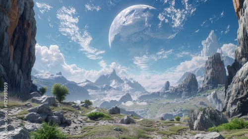 A breathtaking landscape of an alien planet, with towering mountains and vast plains stretching into the distance