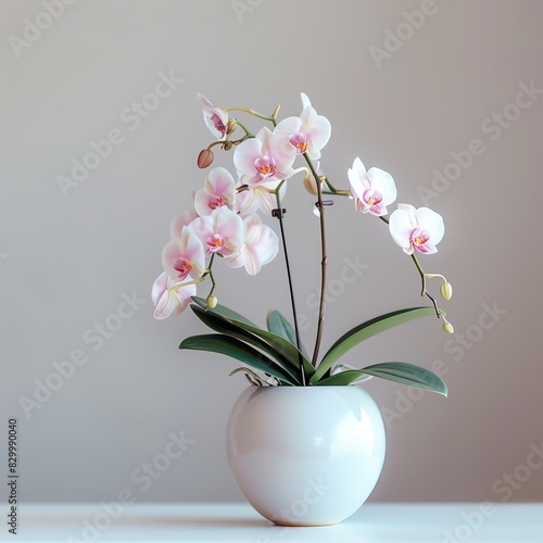 A delicate pink orchid plant in a white pot  set against a soft  gray background.