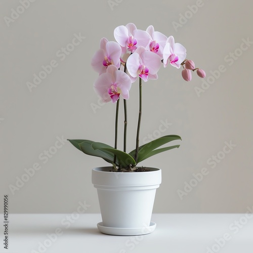 A pink orchid plant in a white pot with a saucer  isolated on a white background.