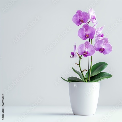 A delicate pink orchid plant in a white pot against a white background.  The flower is in full bloom and the leaves are green.