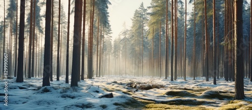 A picturesque spring scene in a pine tree forest with patches of unmelted snow bathed in sunlight offering ample space for text or images