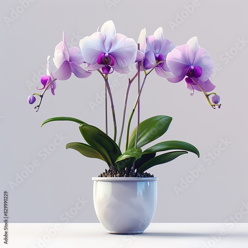 A vibrant purple orchid plant in a white pot  with delicate blooms and lush green leaves. The orchid is a symbol of beauty  grace  and elegance.