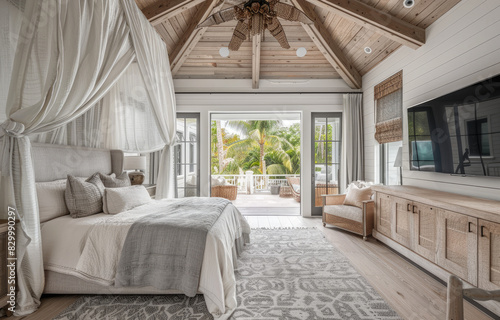 bedroom with a large bed, a canopy over the head of it and a balcony door on one side, a wooden ceiling, a gray patterned rug under the bed, white walls, light pink linen curtains