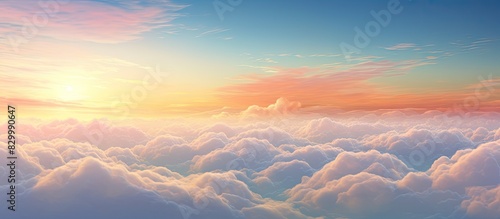 A captivating image with a picturesque sunset where the serene blue sky meets the gentle embrace of fluffy clouds framed in the background for maximum copy space photo