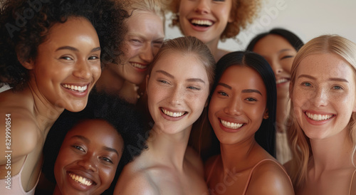 A diverse group of women  each representing different ethnicities and skin tones  posing together for an advertising campaign featuring beauty products with natural ingredients