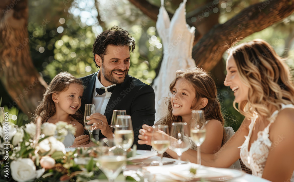 happy family at wedding table in garden, mother and father with two daughters laughing while drinking champagne