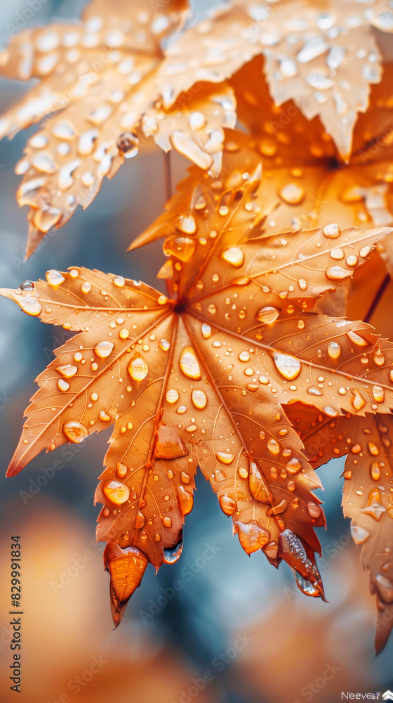 Close-up of an orange autumn leaf with water droplets, highlighting the crisp and vibrant details of fall. Close-up of an orange autumn leaf with water droplets, highlighting the crisp and vibrant details of fall.