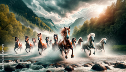 A herd of horses gallops through a river in a lush, mountainous landscape, with mist and dramatic skies adding to the sense of wild, natural freedom.