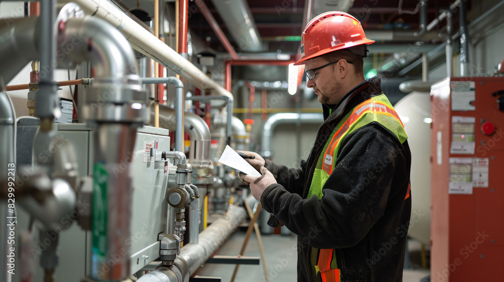 The technician checking the heating system in the boiler room. The technician checking the heating system in the boiler room.