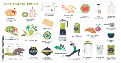 Veganism, vegetarianism and healthy eating habits tiny person collection set, transparent background. Labeled elements with leafy vegetables.
