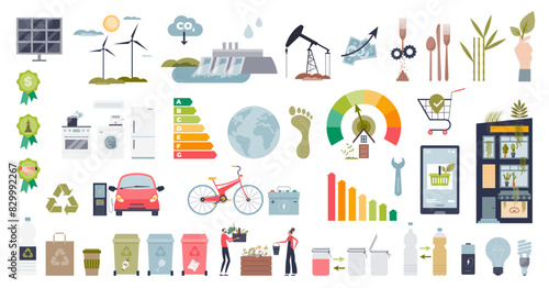 General eco friendly elements for clean lifestyle tiny person collection set, transparent background.Items with green electricity production from renewable resources illustration.