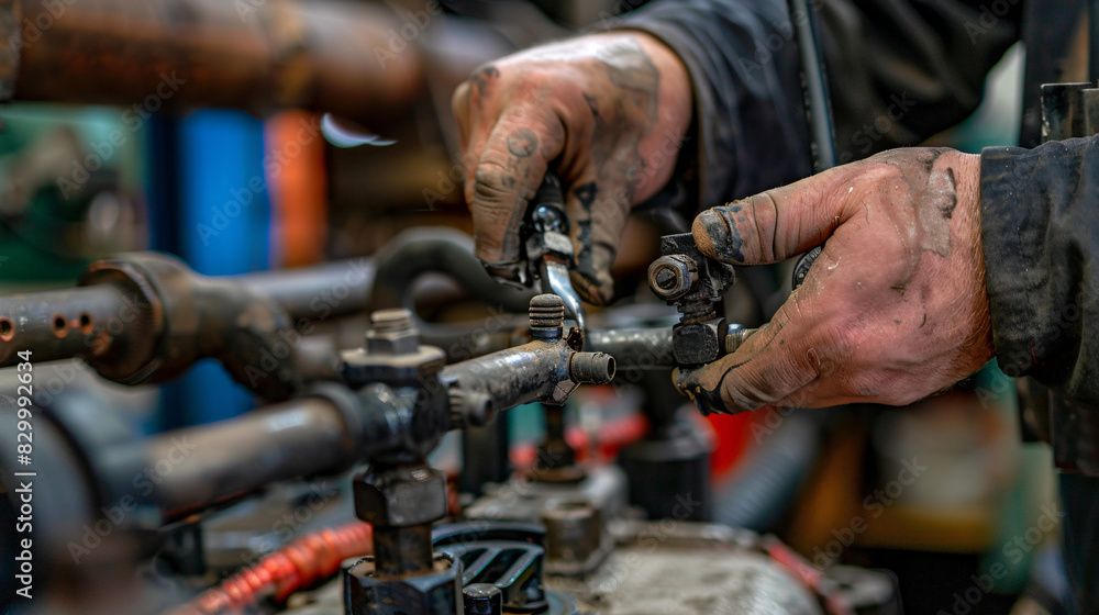 Dirty hand fix, Engine repair and service, Close up spark plug coil on engine cover and a man use block wrench
Dirty hand fix, Engine repair and service, Close up spark plug coil on engine cover and a man use block wrench
