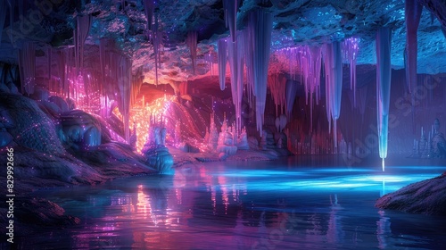 A photo of a crystal cave with luminescent stalactites  an underground lake with glowing algae and crystal formations