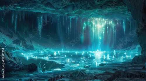 A photo of a crystal cave with luminescent stalactites, an underground lake with glowing algae and crystal formations