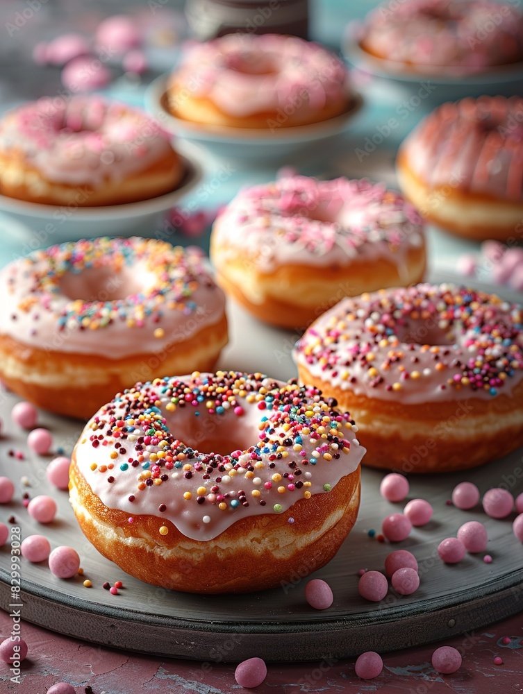 Stack of vanilla donuts with multicolored icing and sprinkles on a bright pink background Stack of vanilla donuts with multicolored icing and sprinkles on a bright pink background