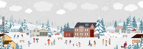 Christmas Background,Winter Village Landscape sky cloud and snow on tree.Seamless Pattern in City people celebration Xmas eve in the park,Vector Horizon wallpaper Winter wonderland for kid room