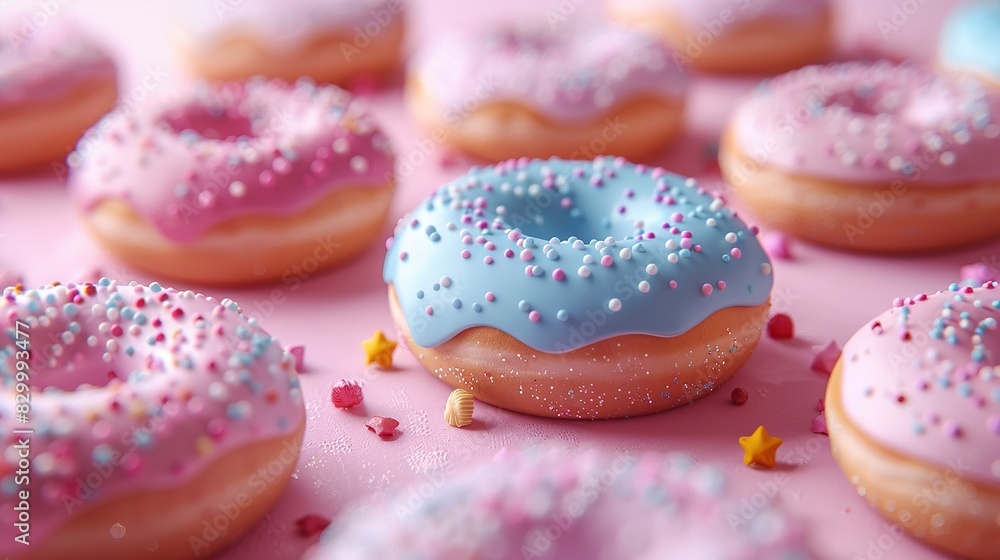 Stack of vanilla donuts with multicolored icing and sprinkles on a bright pink background Stack of vanilla donuts with multicolored icing and sprinkles on a bright pink background