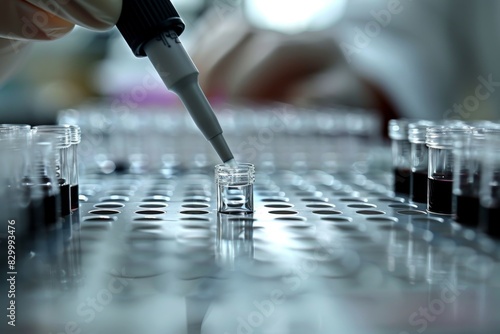 The scientist fills the microplate with a pipette in the lab for biological or chemical analysis photo