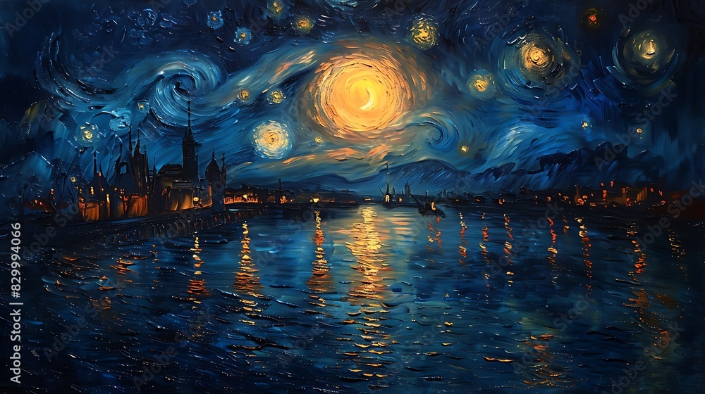 Starry Night is an oil painting on canvas in the style of Van Gogh