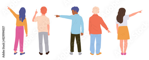 Back view of children cartoon characters pointing finger aside, forward or upwards isolated set