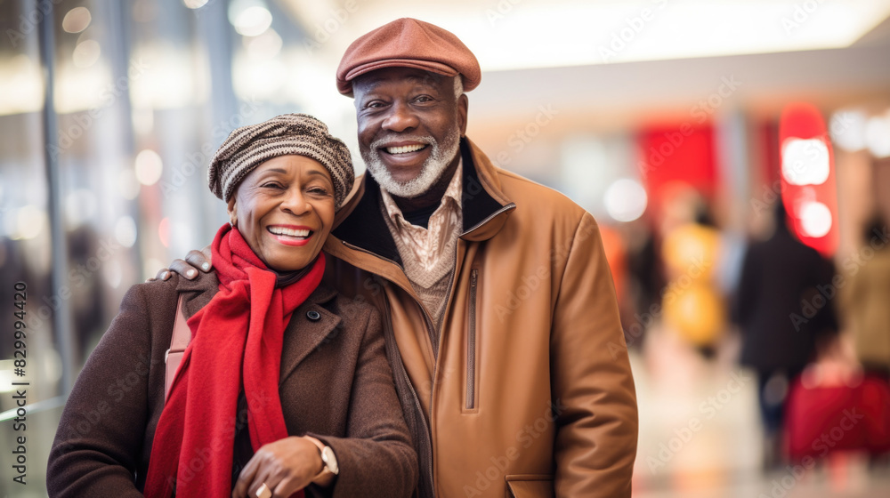 Smiling black mature couple shopping at mall, holding bags Smiling black mature couple shopping at mall, holding bags
