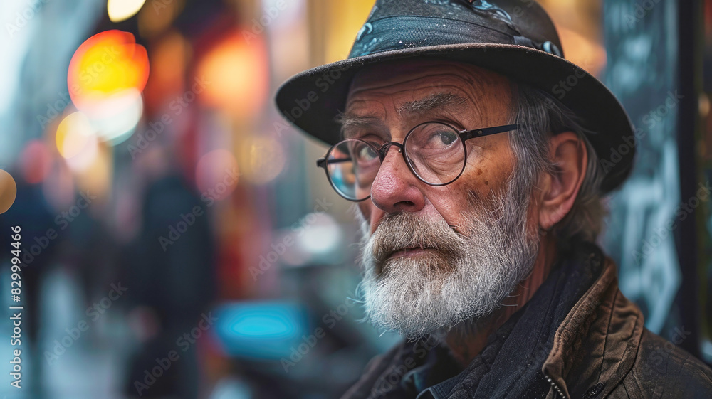 Elderly man with glasses and hat standing on busy urban street at night Elderly man with glasses and hat standing on busy urban street at night