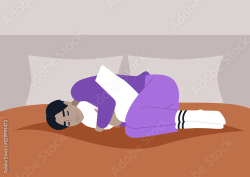 A person peacefully sleeps curled up in bed, hugging a pillow, dressed in comfortable purple pajamas with white socks, surrounded by soft pillows and warm blankets