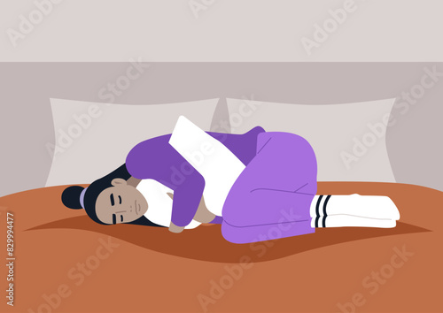 A person peacefully sleeps curled up in bed, hugging a pillow, dressed in comfortable purple pajamas with white socks, surrounded by soft pillows and warm blankets