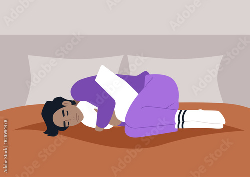 A person peacefully sleeps curled up in bed, hugging a pillow, dressed in comfortable purple pajamas with white socks, surrounded by soft pillows and warm blankets
