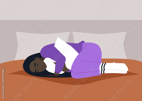 A person peacefully sleeps curled up in bed, hugging a pillow, dressed in comfortable purple pajamas with white socks, surrounded by soft pillows and warm blankets