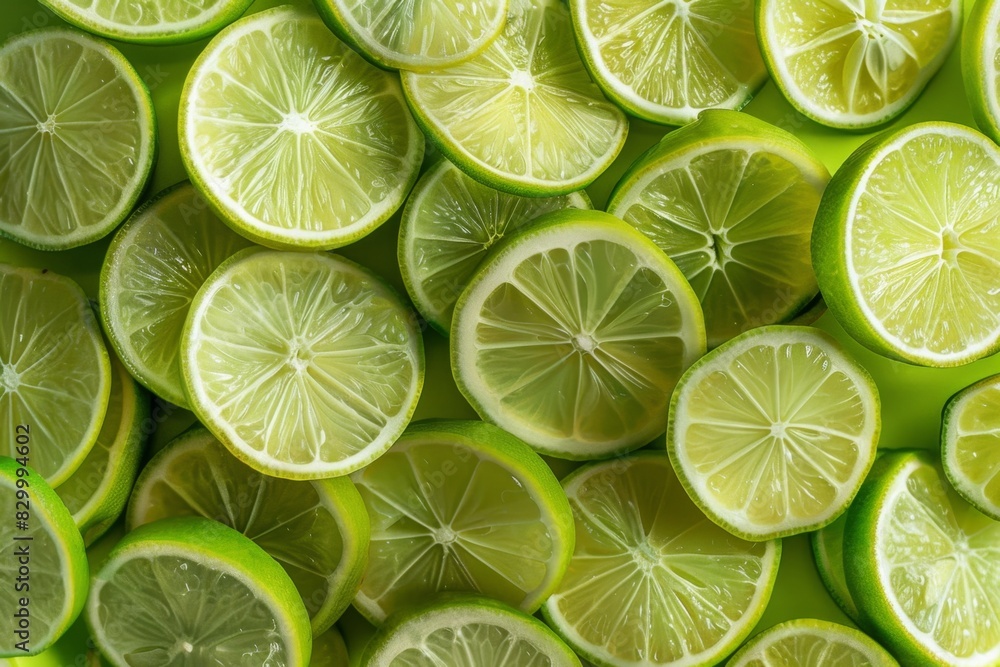 Fresh juicy lime slices background, green lemons flat lay top view summer design Fresh juicy lime slices background, green lemons flat lay top view summer design