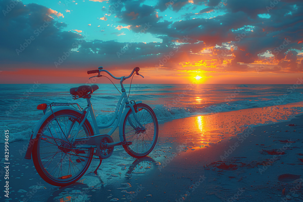 Fototapeta premium A bicycle on the beach with the setting sun in the background, creating a silhouette and warm tones