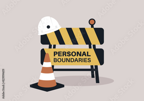 A conceptual depiction of a construction site with a striped barrier labeled Personal Boundaries, a hard hat, and a traffic cone, symbolizing the importance of setting private limits