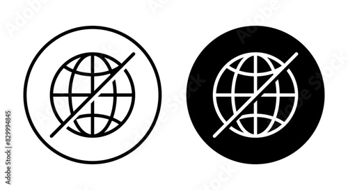 Offline globe icon on black circle. Disconnected internet network concept